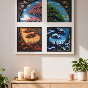 Four Seasons dekorativna slika sa motivom četiri godišnja doba u modernom cozy enterijeru sa slojevitim art dizajnom i elegantnim detaljima.