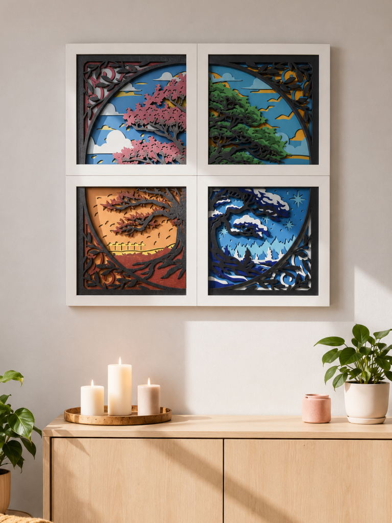 Four Seasons dekorativna slika sa motivom četiri godišnja doba u modernom cozy enterijeru sa slojevitim art dizajnom i elegantnim detaljima.