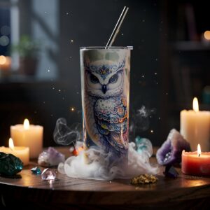 Night Oracle termos sa mystic owl art dizajnom na beloj pozadini