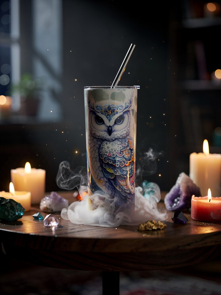 Night Oracle termos sa mystic owl art dizajnom na beloj pozadini