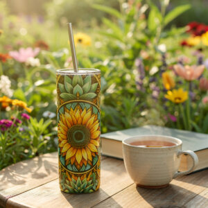 Golden Core termos sa sunflower mandala dizajnom u baštenskom ambijentu pored šolje čaja