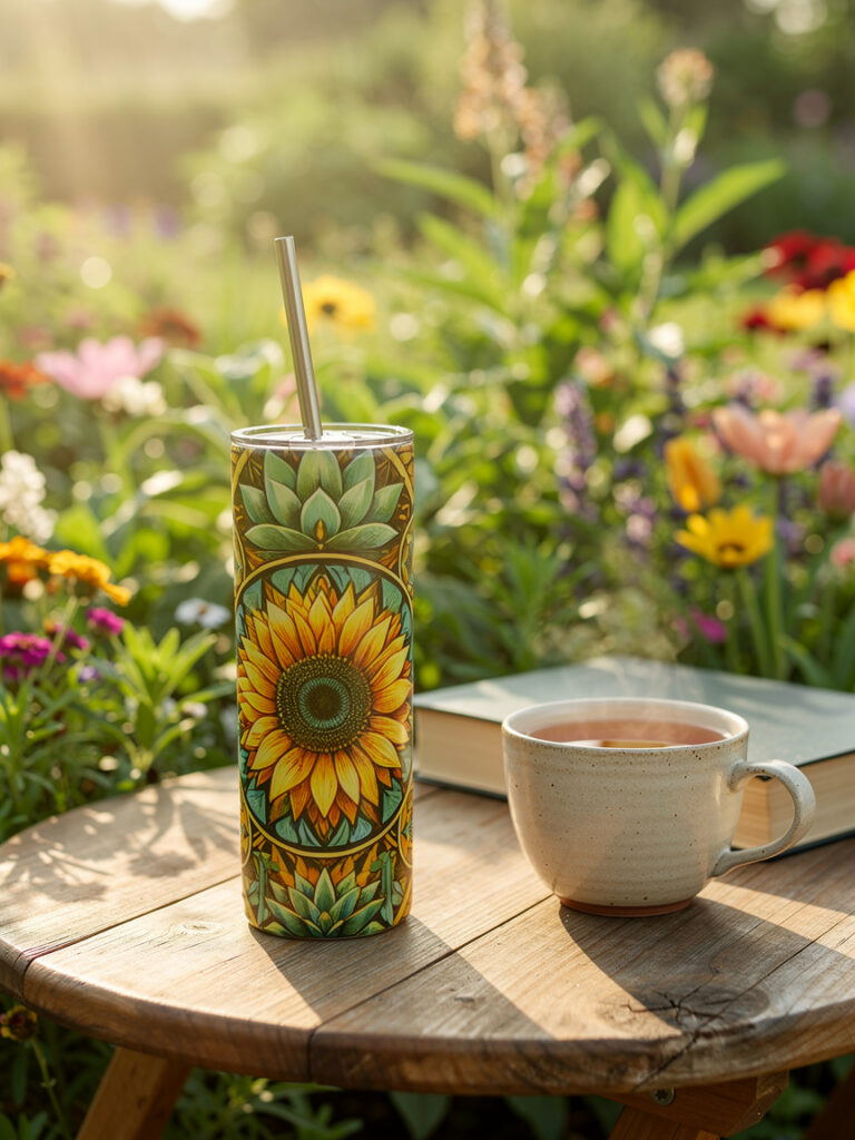 Golden Core termos sa sunflower mandala dizajnom u baštenskom ambijentu pored šolje čaja