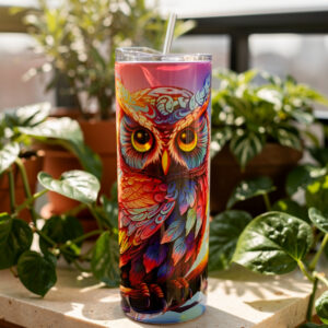 Cosmic Awareness termos sa colorful owl art dizajnom na beloj pozadini