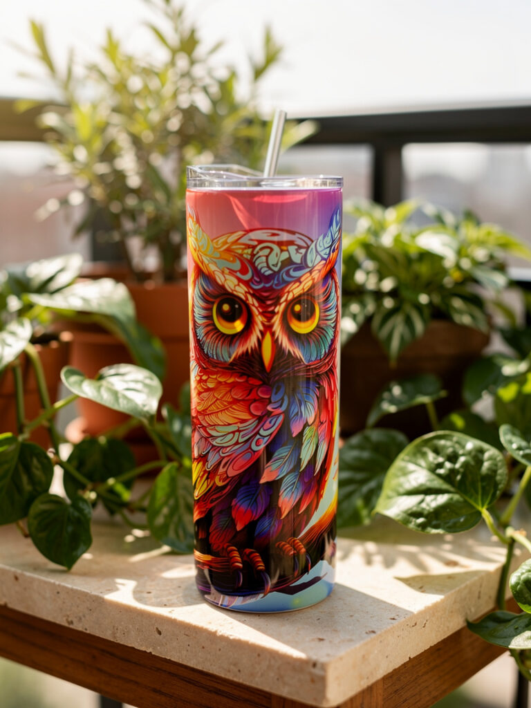 Cosmic Awareness termos sa colorful owl art dizajnom na beloj pozadini