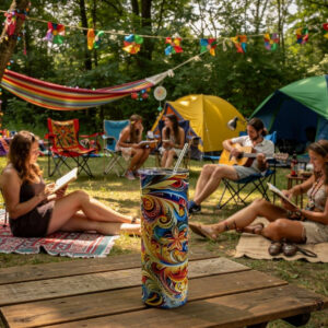 Harmonic Wave termos sa šarenim apstraktnim art dizajnom na drvenom stolu u festivalskom kampu okruženom šatorima i prirodom.