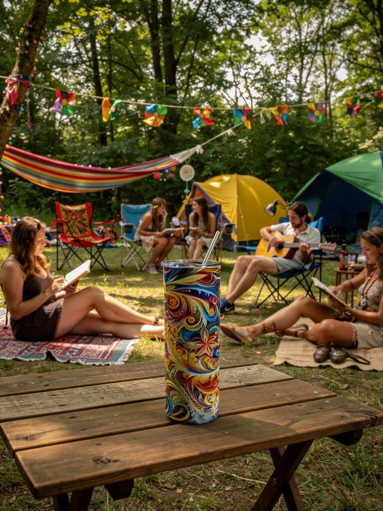 Harmonic Wave termos sa šarenim apstraktnim art dizajnom na drvenom stolu u festivalskom kampu okruženom šatorima i prirodom.