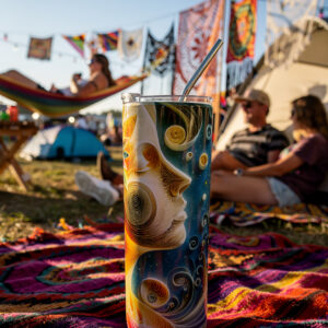 Lunar Whisper termos sa lunarnim art dizajnom u festivalskom kampu okruženom šatorima i dekoracijom.