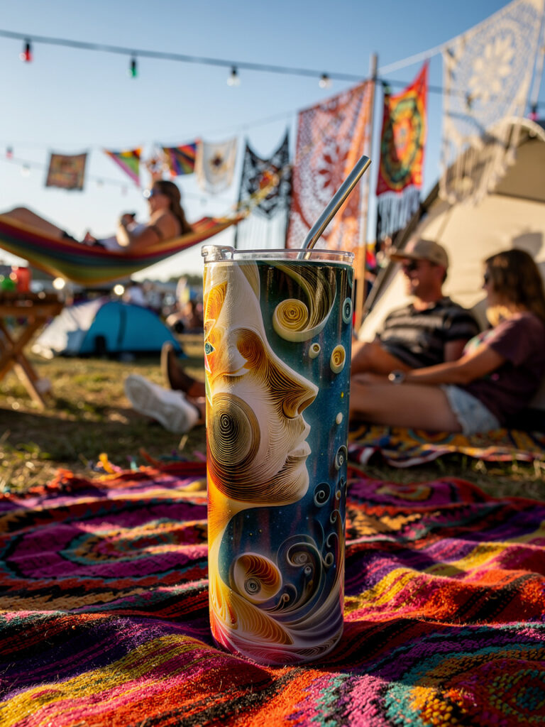 Lunar Whisper termos sa lunarnim art dizajnom u festivalskom kampu okruženom šatorima i dekoracijom.