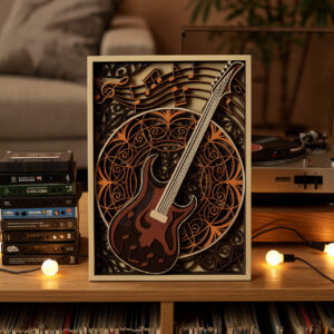 Dekorativna slojevita slika gitare sa notama i ornamentalnim detaljima u toplim braon tonovima, inspirisana muzikom i cozy enterijerima.