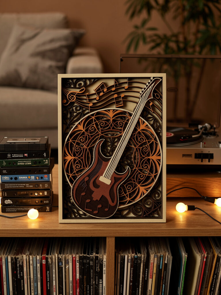 Dekorativna slojevita slika gitare sa notama i ornamentalnim detaljima u toplim braon tonovima, inspirisana muzikom i cozy enterijerima.