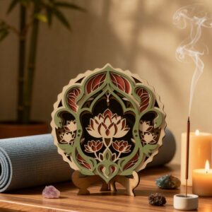 Dekorativni slojeviti lotus ornament u zelenim, crvenim i toplim tonovima, postavljen na stalku za police, komode i zen enterijere.