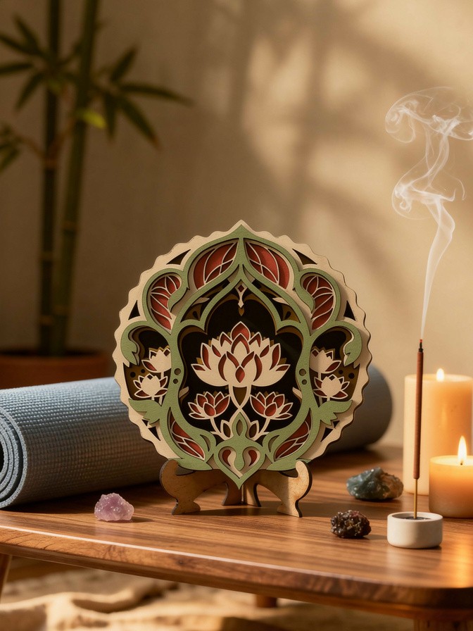 Dekorativni slojeviti lotus ornament u zelenim, crvenim i toplim tonovima, postavljen na stalku za police, komode i zen enterijere.